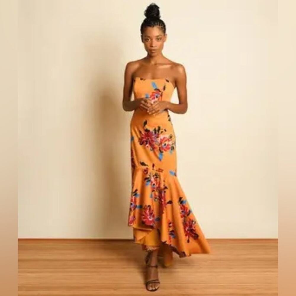 Anthropologie Orange Floral Strapless High-Low Maxi Dress